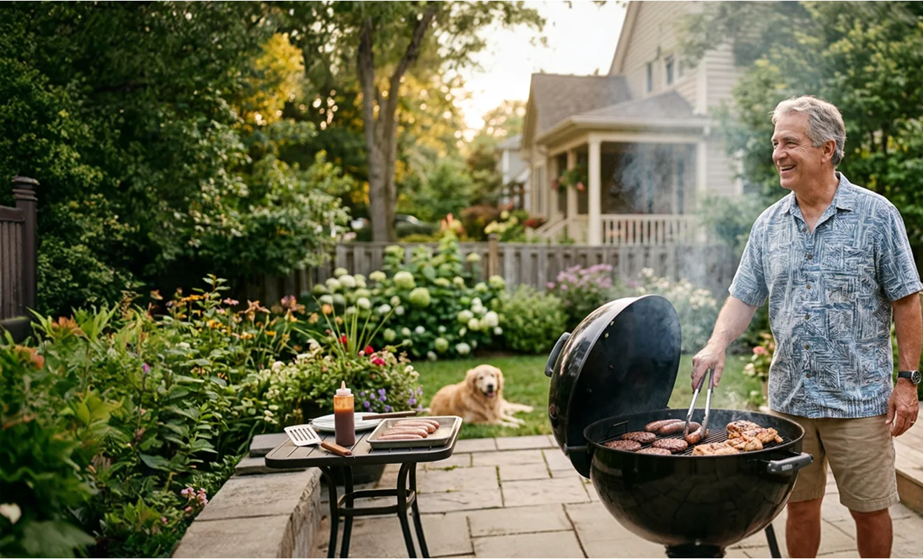 Senior making barbecue