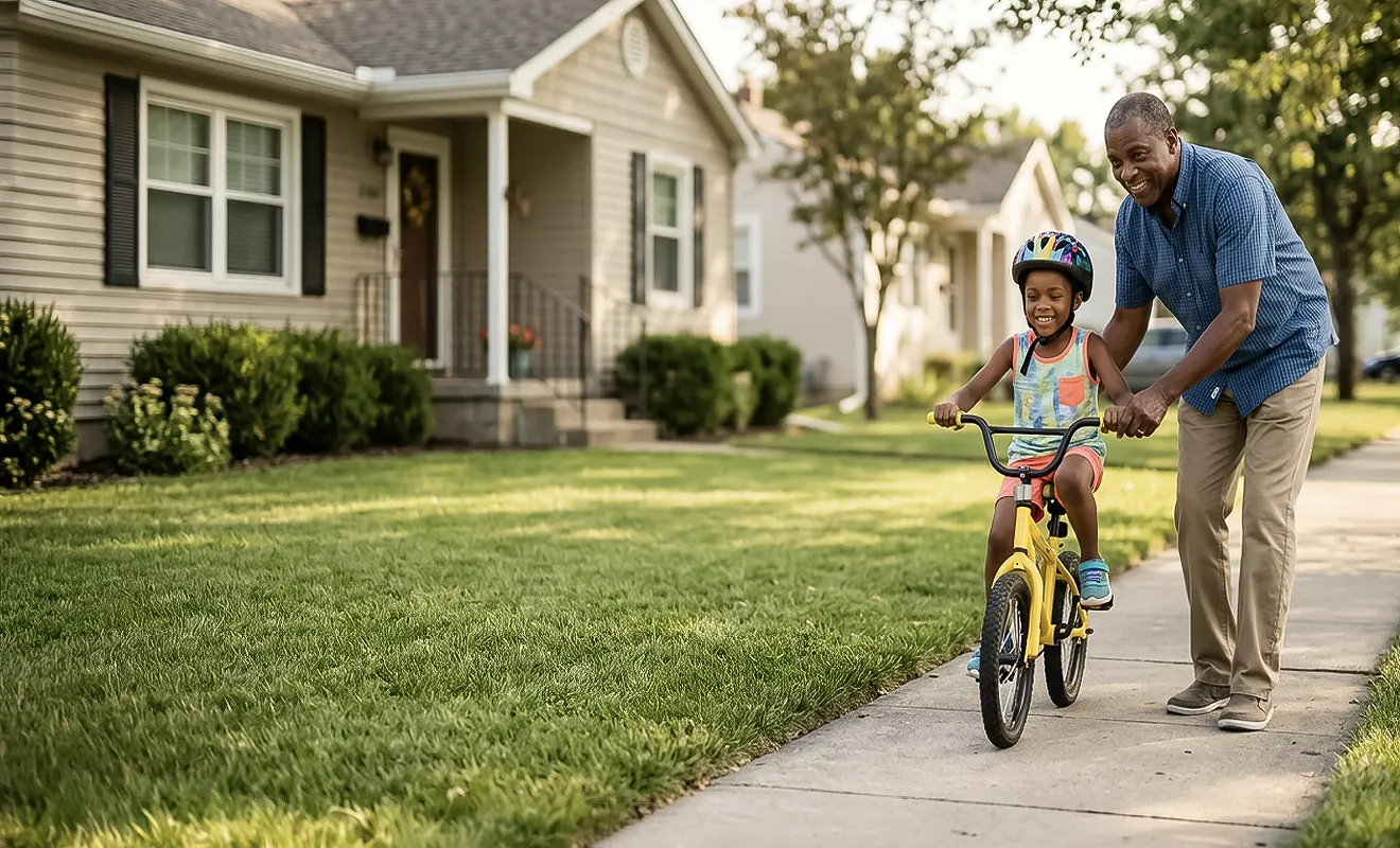 Grandfather teaching his grandson to ride bike on a sidewalk outside his suburban home.