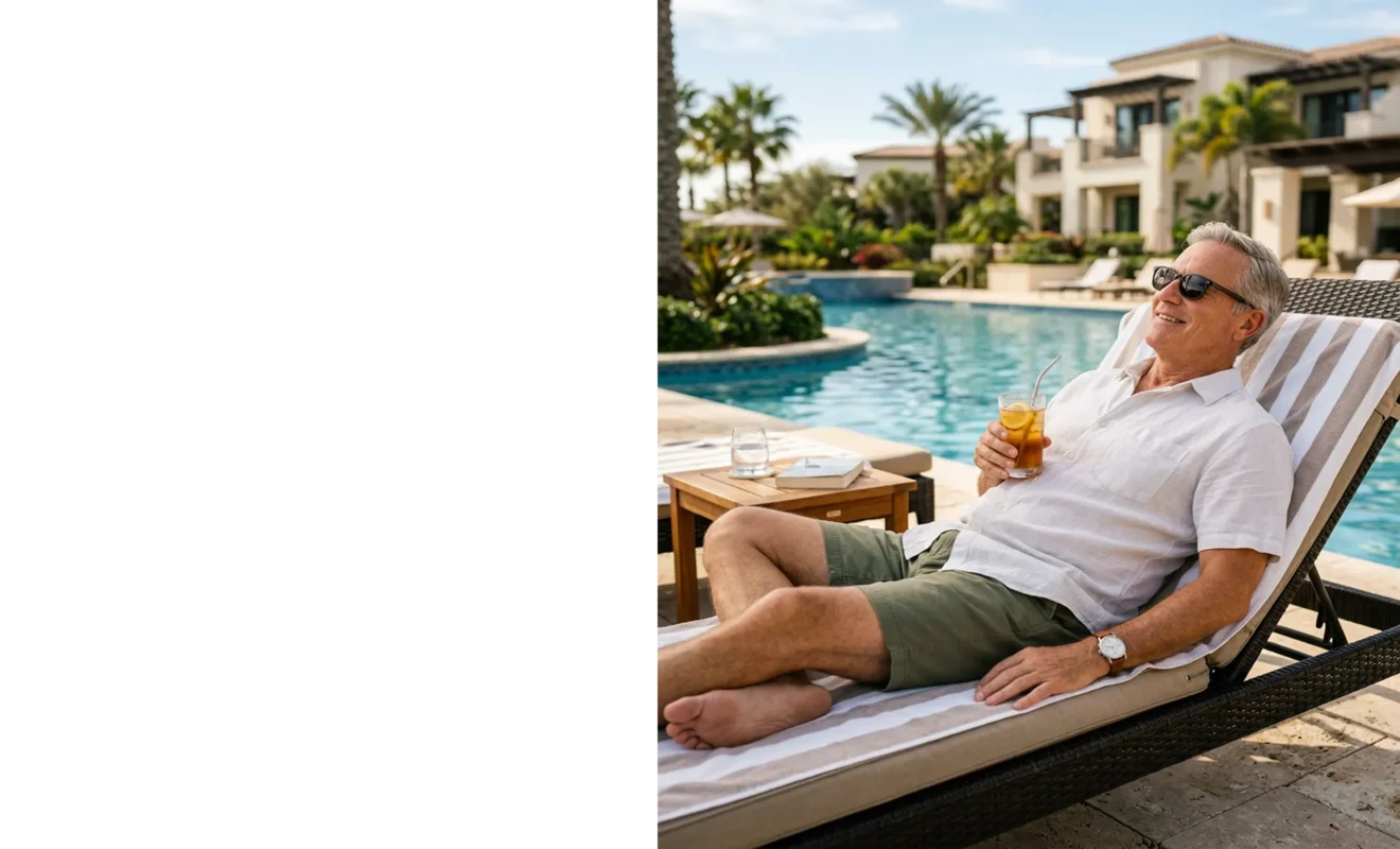 Relaxed business owner in sunglasses reclining on a poolside lounge chair with a drink, at an upscale resort.
