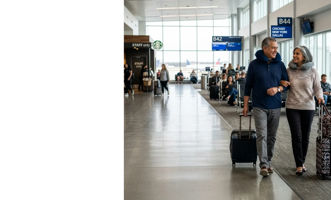 Happy retired couple with carry-on bags and travel pillows walking arm in arm through an airport terminal.