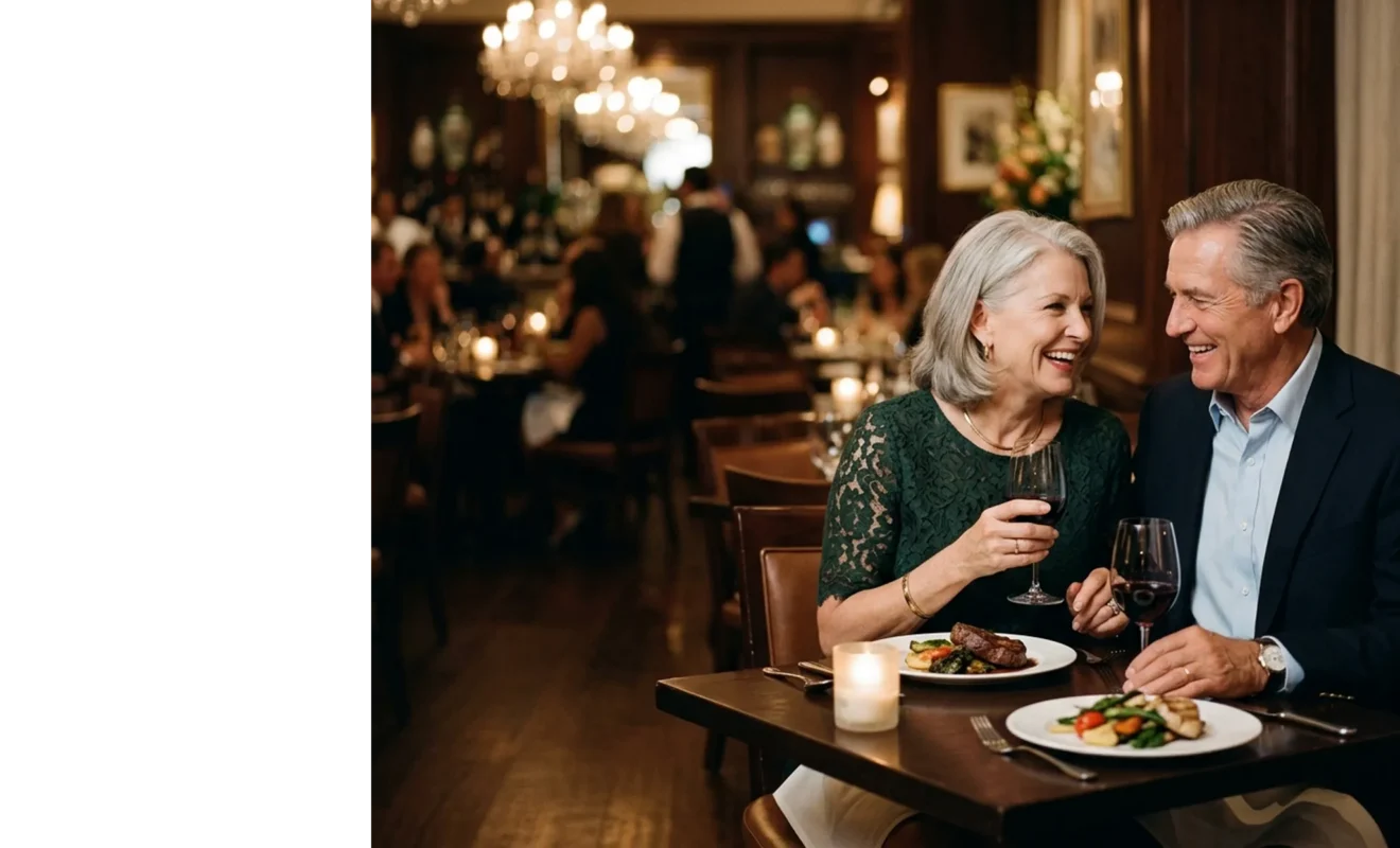 Happy well-dressed couple in their 60s laughing together over dinner and wine at an upscale restaurant.