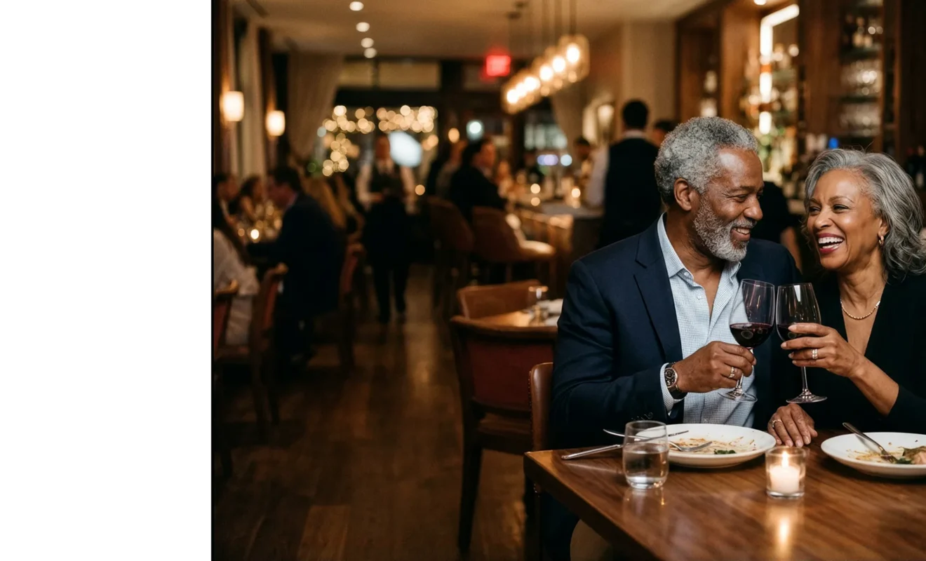 Happy retired couple toasting with wine and laughing together over dinner at an upscale restaurant.