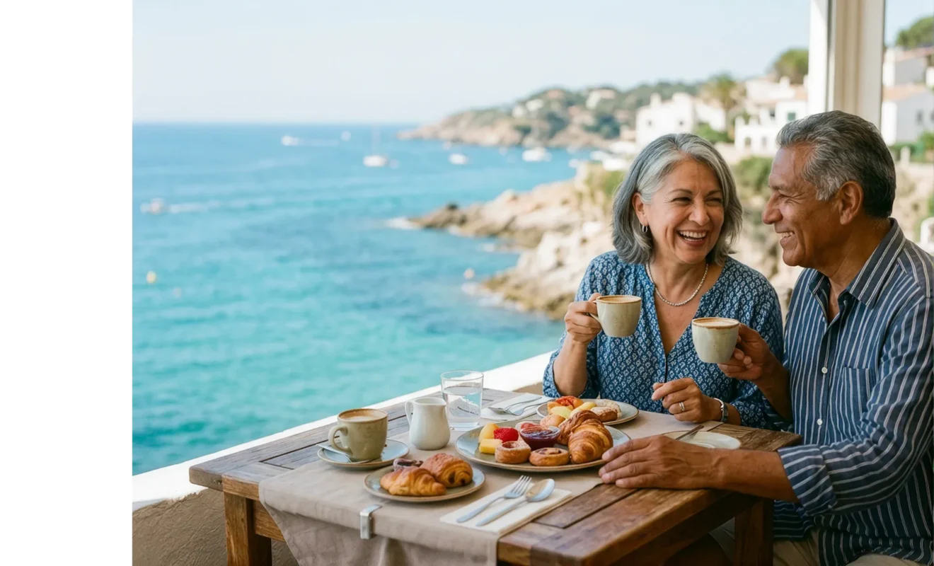 Happy retired couple laughing over coffee and pastries at a coastal cafe overlooking the sea.